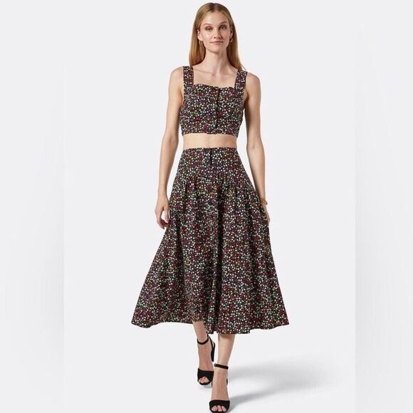 JOIE Button Front Black Floral Print Cotton Midi Skirt Fit & Flare Size 14 New - Picture 1 of 12